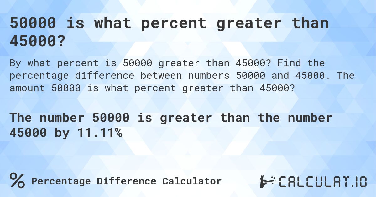 50000 is what percent greater than 45000?. Find the percentage difference between numbers 50000 and 45000. The amount 50000 is what percent greater than 45000?