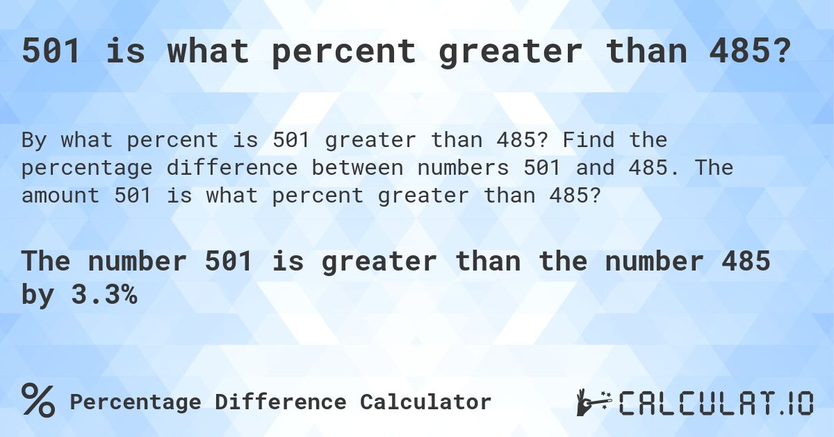 501 is what percent greater than 485?. Find the percentage difference between numbers 501 and 485. The amount 501 is what percent greater than 485?