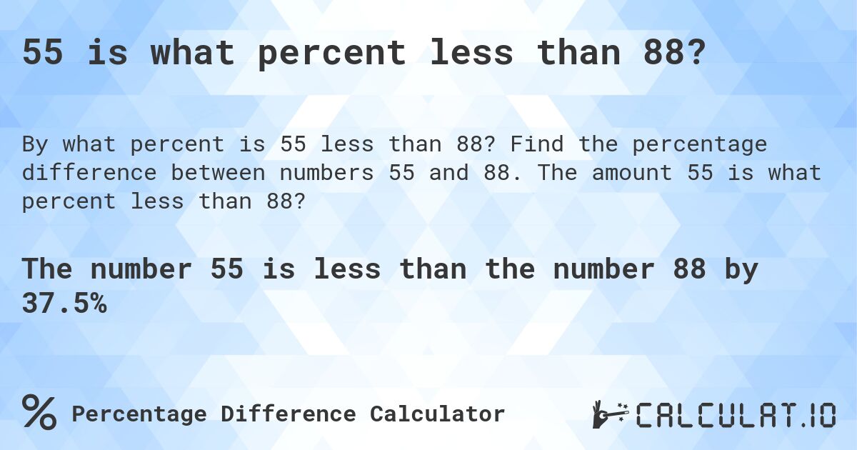 55 is what percent less than 88?. Find the percentage difference between numbers 55 and 88. The amount 55 is what percent less than 88?