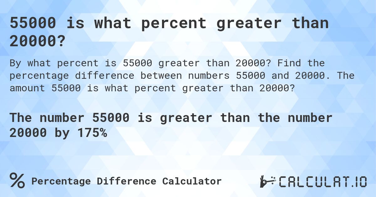 55000 is what percent greater than 20000?. Find the percentage difference between numbers 55000 and 20000. The amount 55000 is what percent greater than 20000?