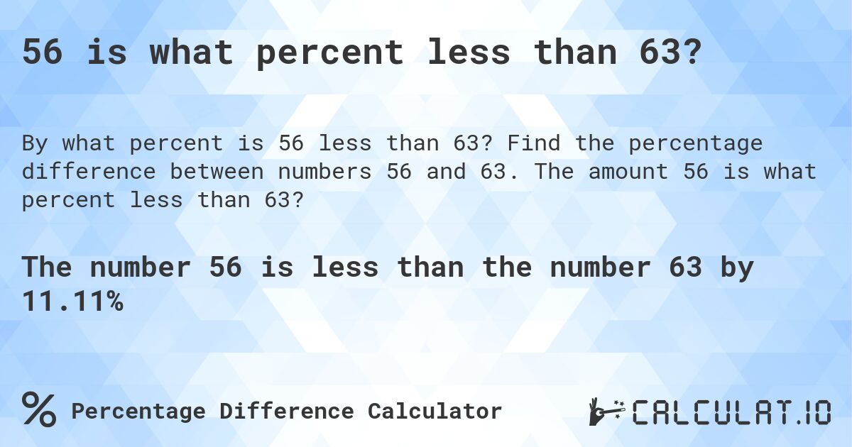 56 is what percent less than 63?. Find the percentage difference between numbers 56 and 63. The amount 56 is what percent less than 63?
