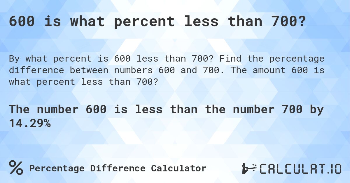 600 is what percent less than 700?. Find the percentage difference between numbers 600 and 700. The amount 600 is what percent less than 700?