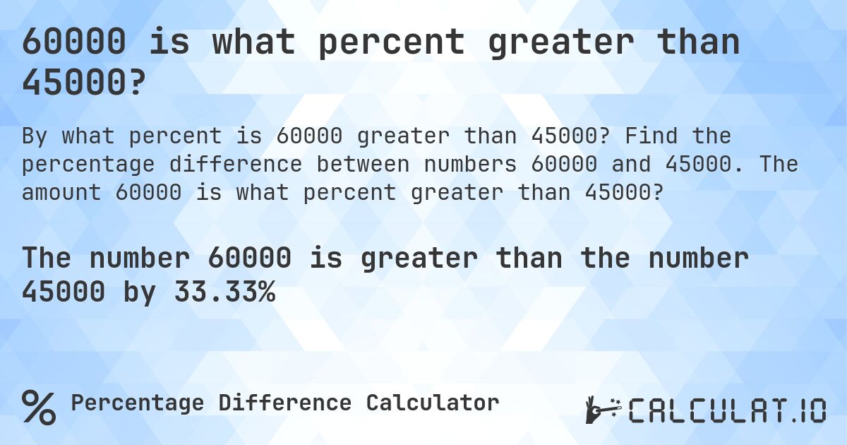 60000 is what percent greater than 45000?. Find the percentage difference between numbers 60000 and 45000. The amount 60000 is what percent greater than 45000?