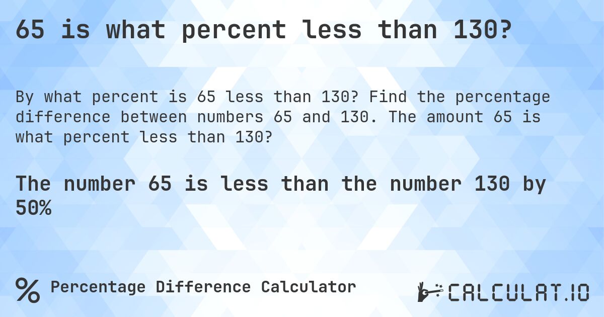 65 is what percent less than 130?. Find the percentage difference between numbers 65 and 130. The amount 65 is what percent less than 130?