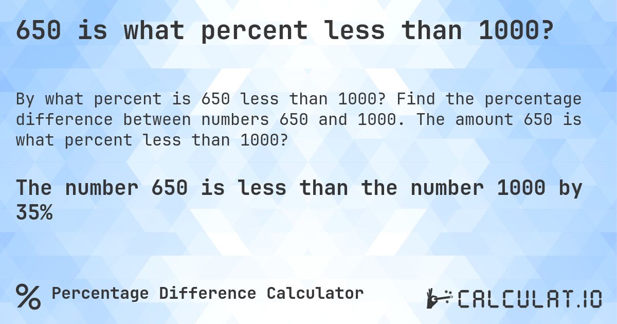 650 is what percent less than 1000?. Find the percentage difference between numbers 650 and 1000. The amount 650 is what percent less than 1000?