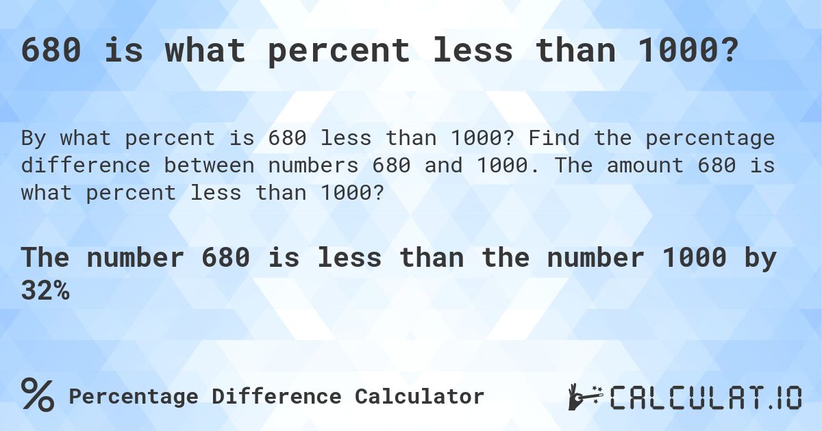 680 is what percent less than 1000?. Find the percentage difference between numbers 680 and 1000. The amount 680 is what percent less than 1000?
