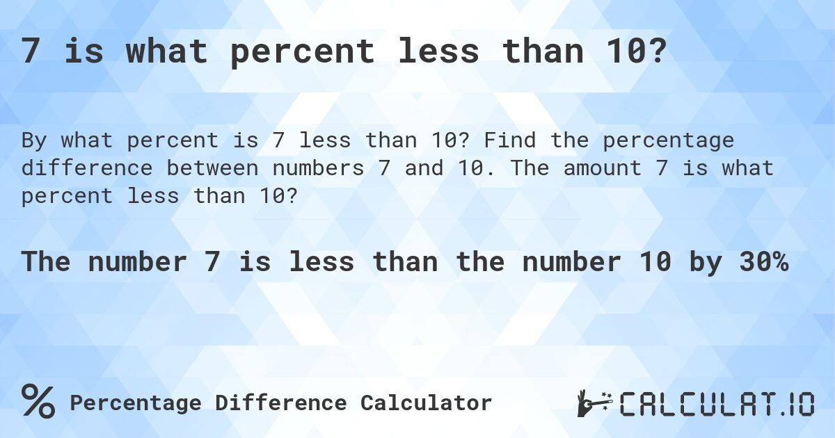 7 is what percent less than 10?. Find the percentage difference between numbers 7 and 10. The amount 7 is what percent less than 10?