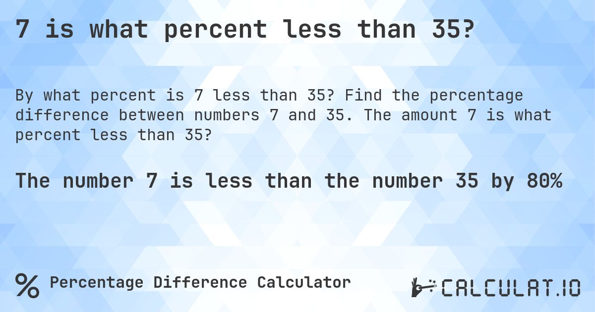 7 is what percent less than 35?. Find the percentage difference between numbers 7 and 35. The amount 7 is what percent less than 35?