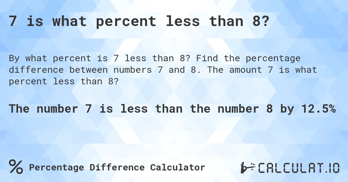 7 is what percent less than 8?. Find the percentage difference between numbers 7 and 8. The amount 7 is what percent less than 8?