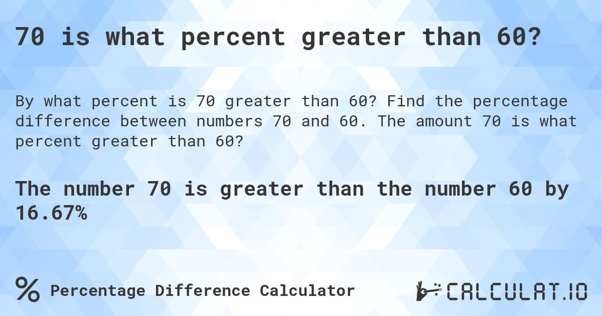 70 is what percent greater than 60?. Find the percentage difference between numbers 70 and 60. The amount 70 is what percent greater than 60?