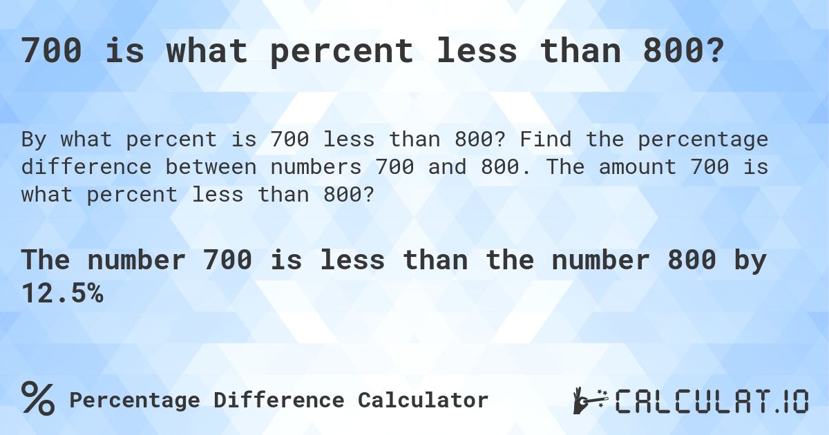 700 is what percent less than 800?. Find the percentage difference between numbers 700 and 800. The amount 700 is what percent less than 800?