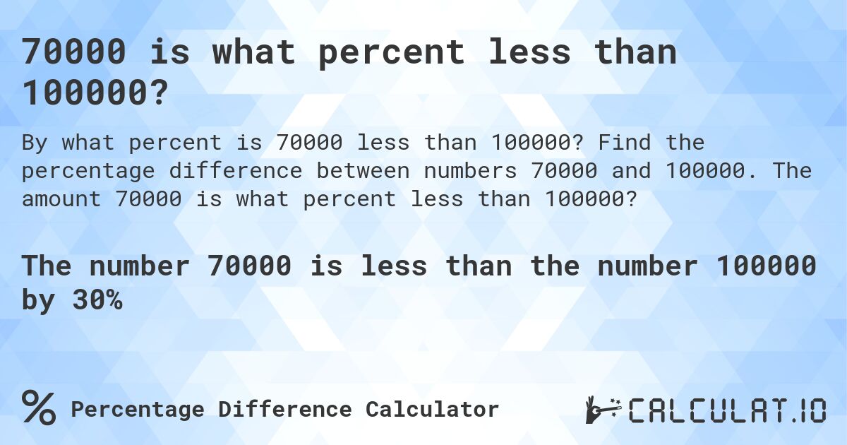 70000 is what percent less than 100000?. Find the percentage difference between numbers 70000 and 100000. The amount 70000 is what percent less than 100000?