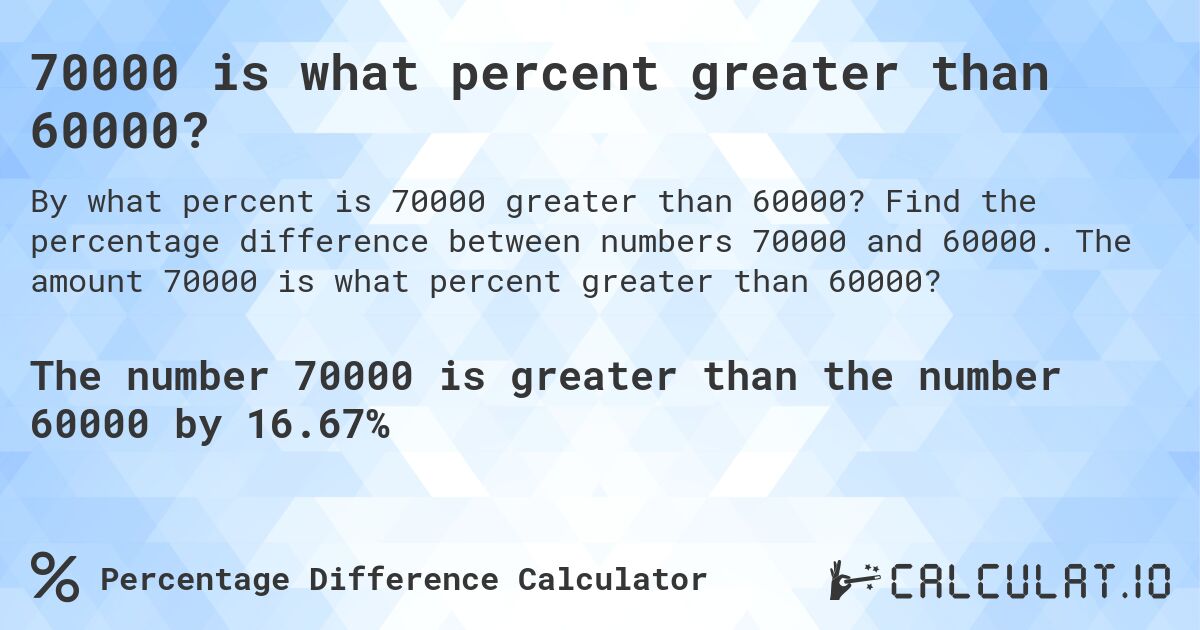 70000 is what percent greater than 60000?. Find the percentage difference between numbers 70000 and 60000. The amount 70000 is what percent greater than 60000?
