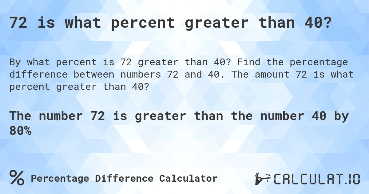 72 is what percent greater than 40?. Find the percentage difference between numbers 72 and 40. The amount 72 is what percent greater than 40?