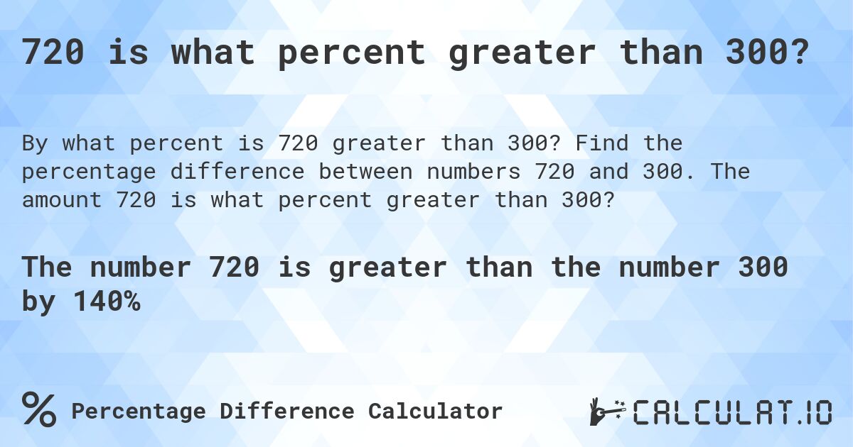 720 is what percent greater than 300?. Find the percentage difference between numbers 720 and 300. The amount 720 is what percent greater than 300?