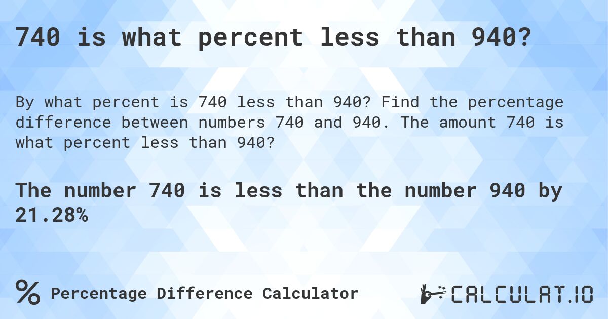 740 is what percent less than 940?. Find the percentage difference between numbers 740 and 940. The amount 740 is what percent less than 940?