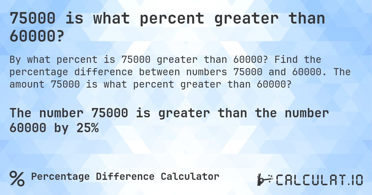 75000 is what percent greater than 60000?. Find the percentage difference between numbers 75000 and 60000. The amount 75000 is what percent greater than 60000?