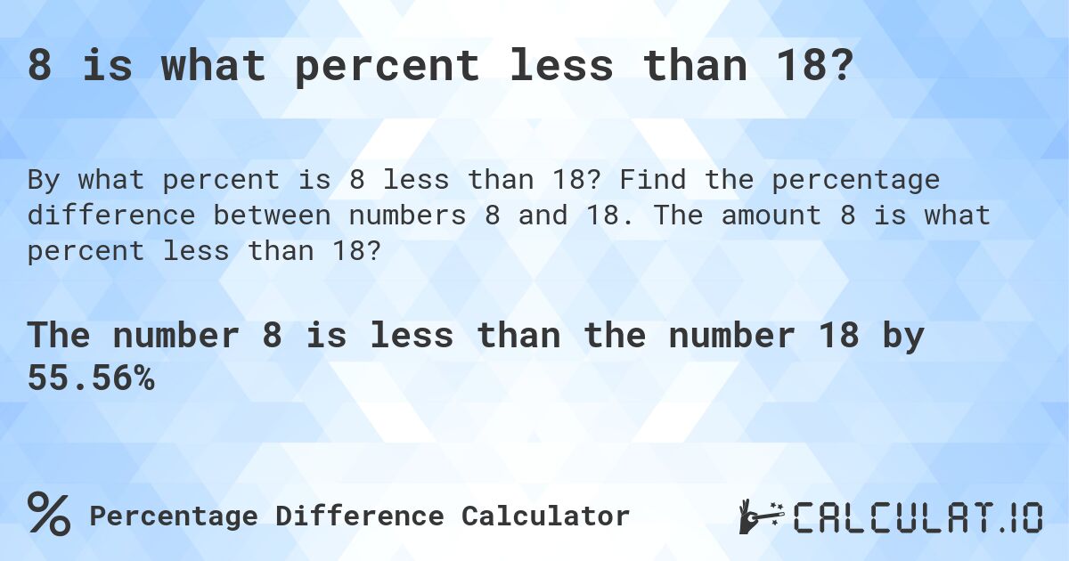 8 is what percent less than 18?. Find the percentage difference between numbers 8 and 18. The amount 8 is what percent less than 18?