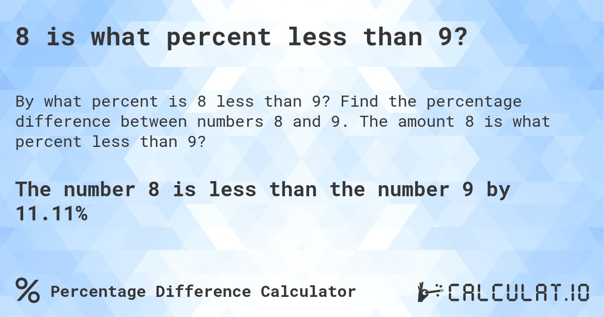 8 is what percent less than 9?. Find the percentage difference between numbers 8 and 9. The amount 8 is what percent less than 9?