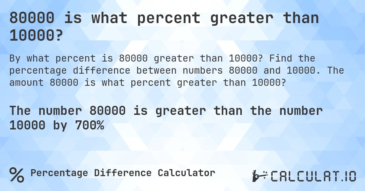 80000 is what percent greater than 10000?. Find the percentage difference between numbers 80000 and 10000. The amount 80000 is what percent greater than 10000?