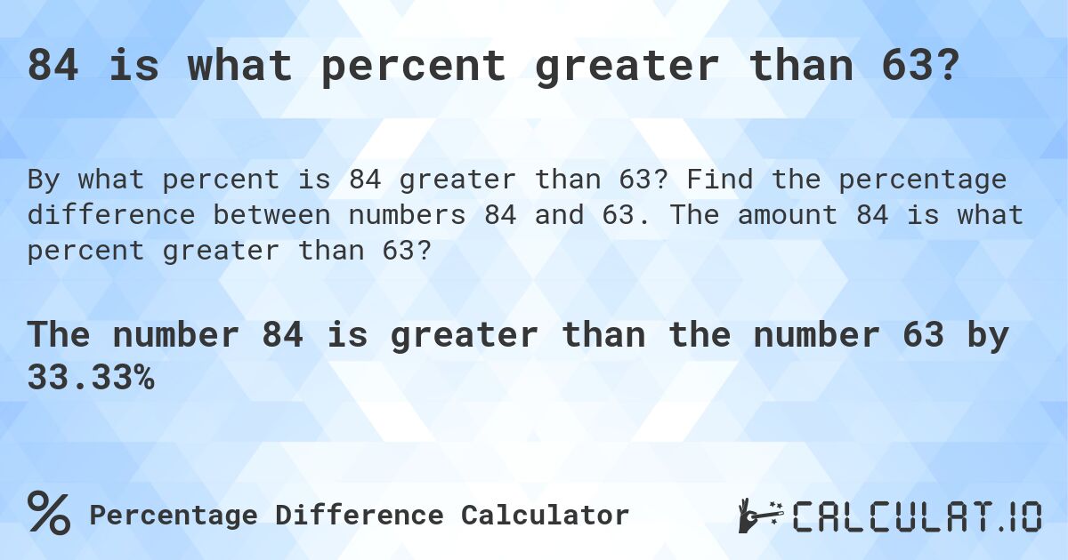 84 is what percent greater than 63?. Find the percentage difference between numbers 84 and 63. The amount 84 is what percent greater than 63?
