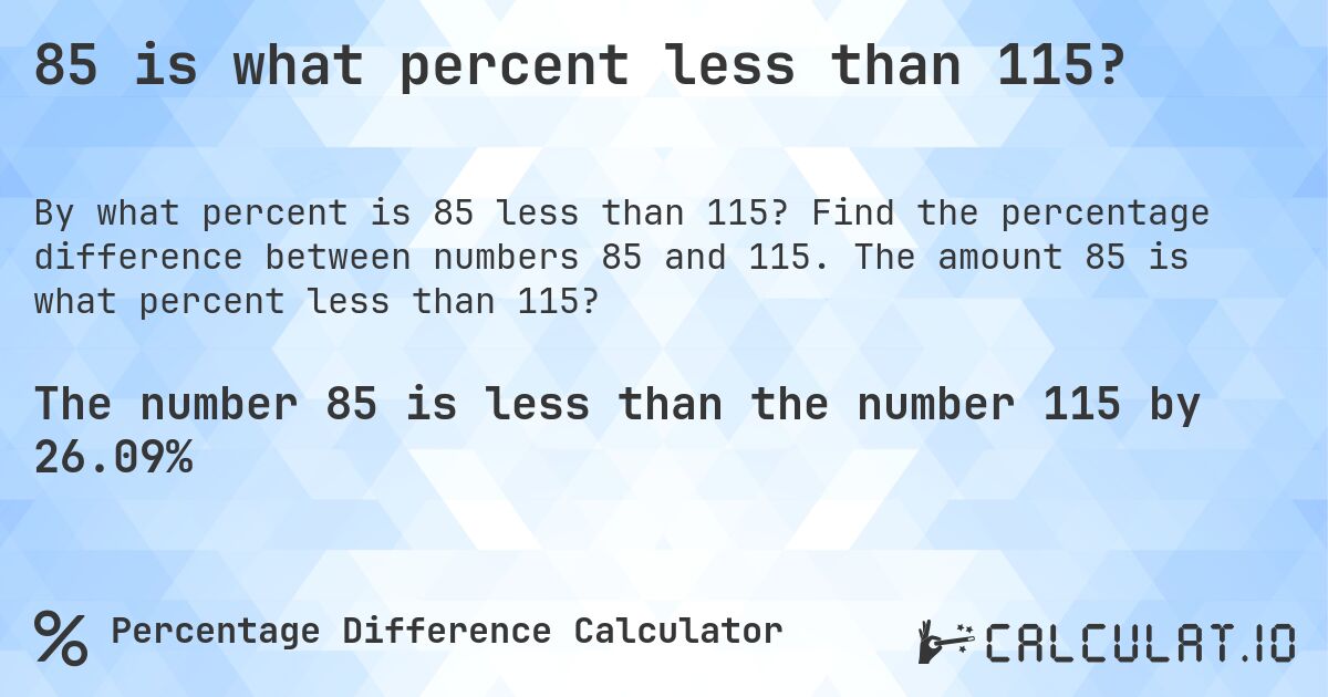 85 is what percent less than 115?. Find the percentage difference between numbers 85 and 115. The amount 85 is what percent less than 115?