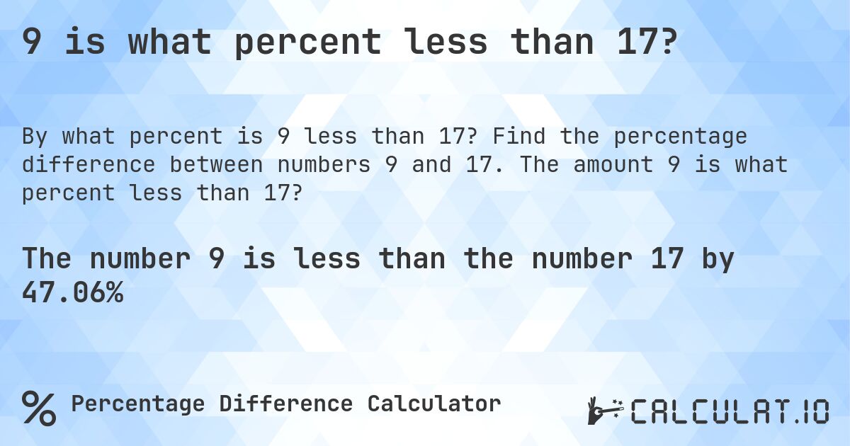 9 is what percent less than 17?. Find the percentage difference between numbers 9 and 17. The amount 9 is what percent less than 17?