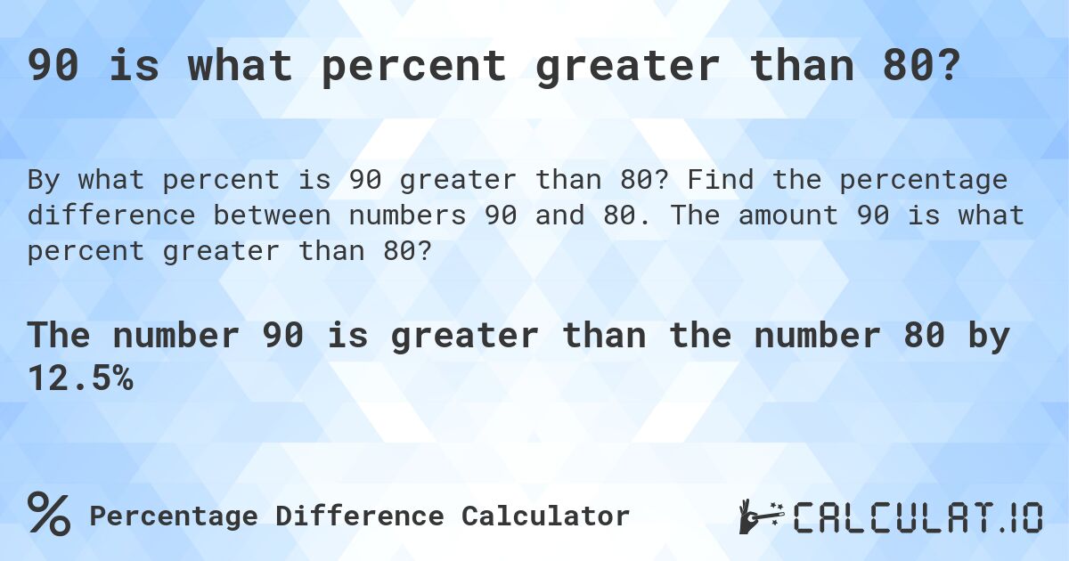 90 is what percent greater than 80?. Find the percentage difference between numbers 90 and 80. The amount 90 is what percent greater than 80?