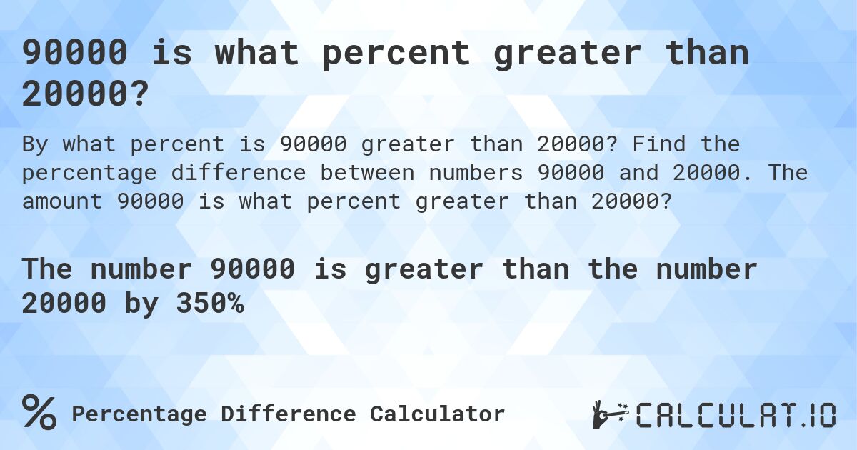 90000 is what percent greater than 20000?. Find the percentage difference between numbers 90000 and 20000. The amount 90000 is what percent greater than 20000?