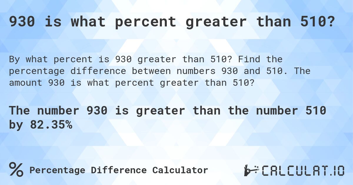 930 is what percent greater than 510?. Find the percentage difference between numbers 930 and 510. The amount 930 is what percent greater than 510?