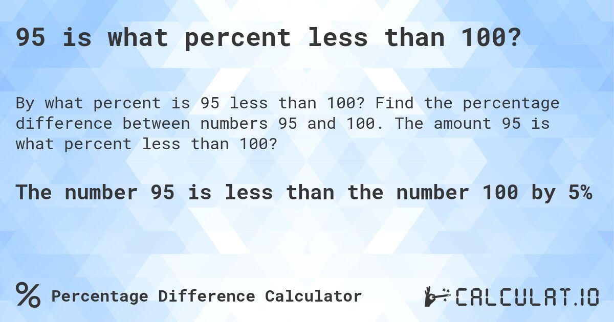 95 is what percent less than 100?. Find the percentage difference between numbers 95 and 100. The amount 95 is what percent less than 100?