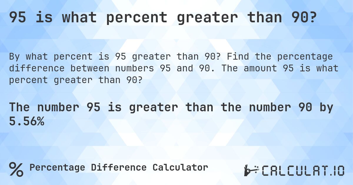 95 is what percent greater than 90?. Find the percentage difference between numbers 95 and 90. The amount 95 is what percent greater than 90?