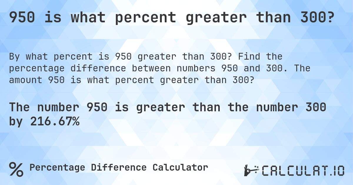 950 is what percent greater than 300?. Find the percentage difference between numbers 950 and 300. The amount 950 is what percent greater than 300?