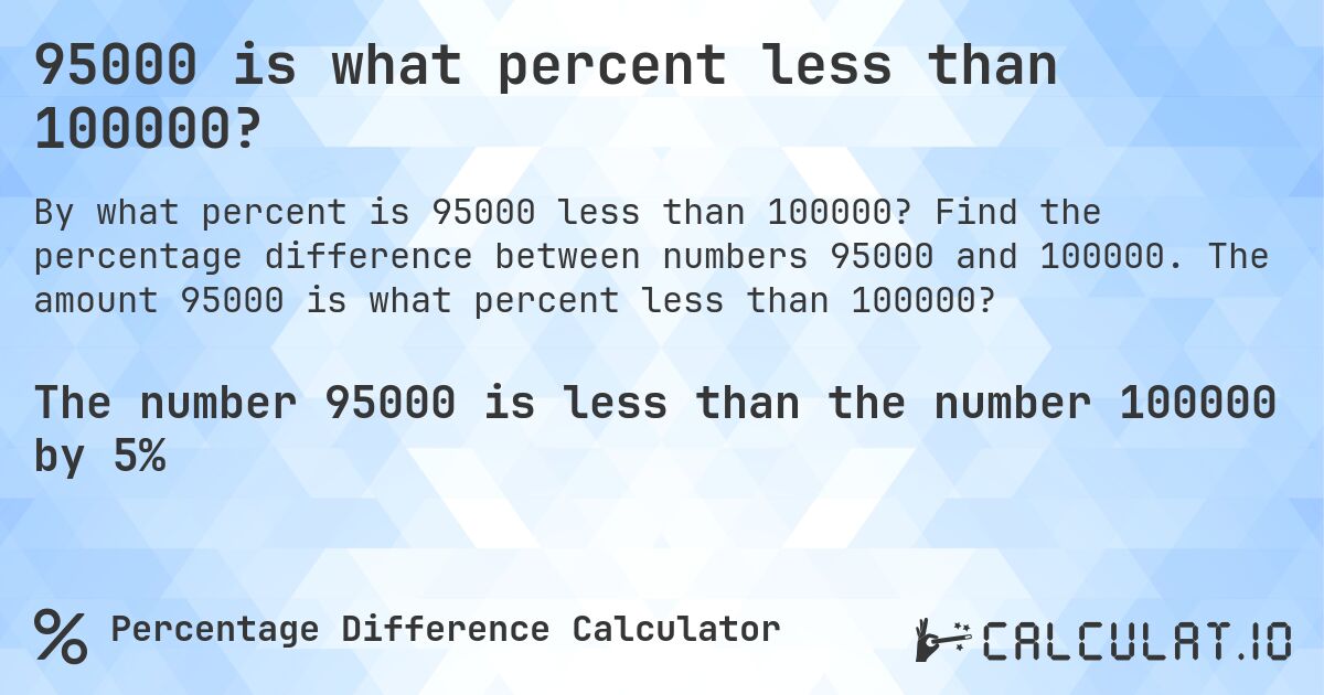 95000 is what percent less than 100000?. Find the percentage difference between numbers 95000 and 100000. The amount 95000 is what percent less than 100000?