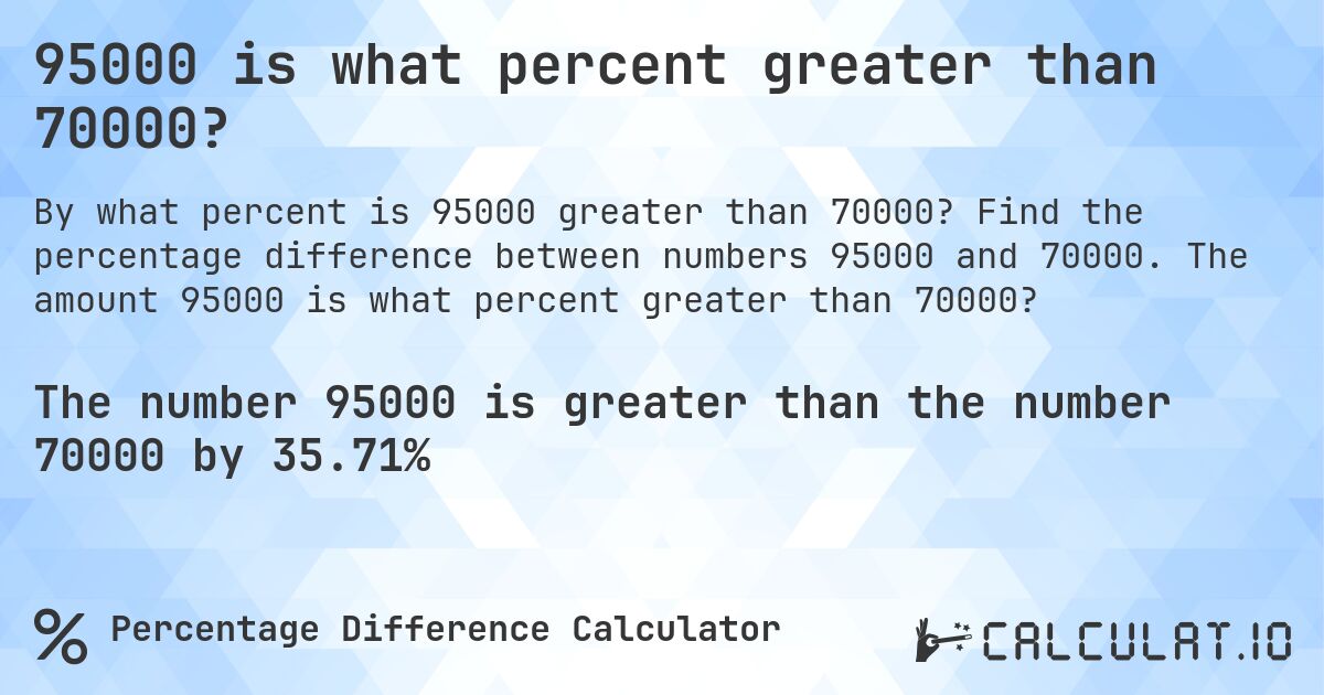 95000 is what percent greater than 70000?. Find the percentage difference between numbers 95000 and 70000. The amount 95000 is what percent greater than 70000?