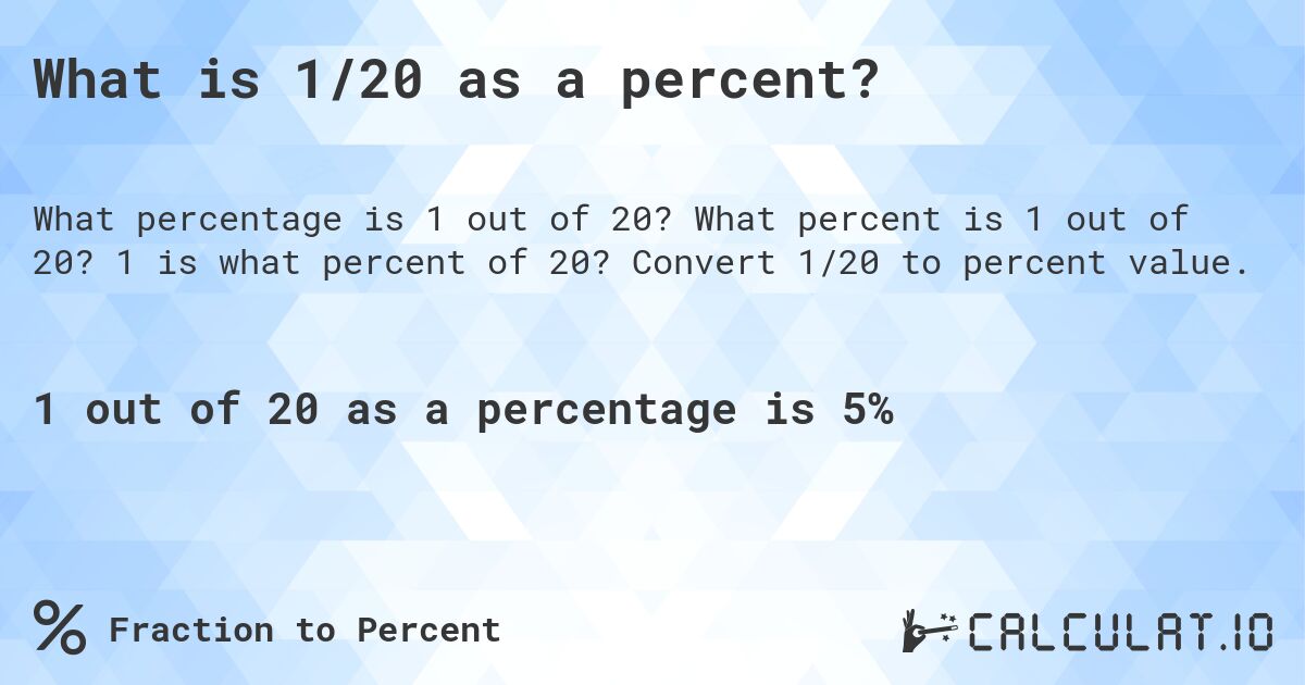 What is 1/20 as a percent?. What percent is 1 out of 20? 1 is what percent of 20? Convert 1/20 to percent value.