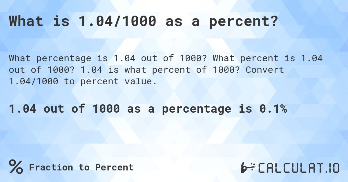 What is 1.04/1000 as a percent?. What percent is 1.04 out of 1000? 1.04 is what percent of 1000? Convert 1.04/1000 to percent value.
