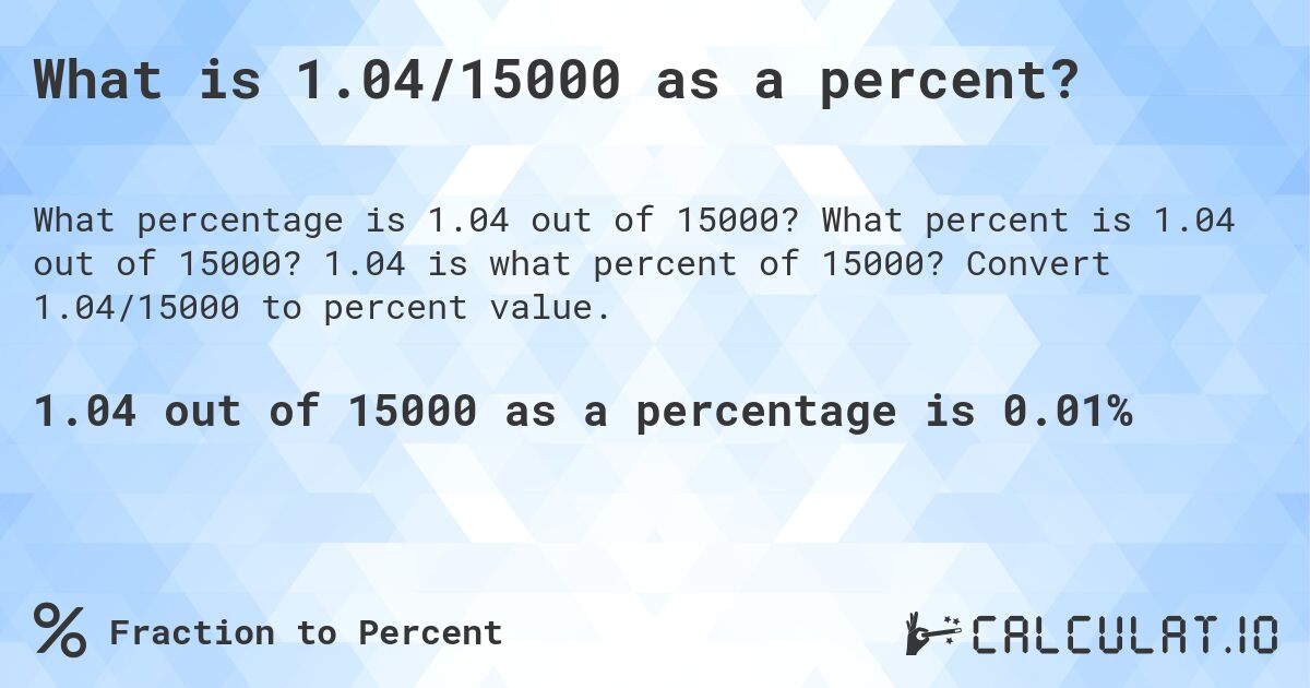 What is 1.04/15000 as a percent?. What percent is 1.04 out of 15000? 1.04 is what percent of 15000? Convert 1.04/15000 to percent value.