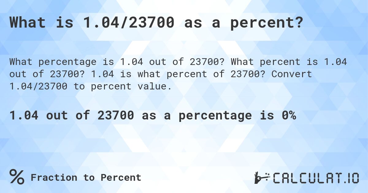 What is 1.04/23700 as a percent?. What percent is 1.04 out of 23700? 1.04 is what percent of 23700? Convert 1.04/23700 to percent value.