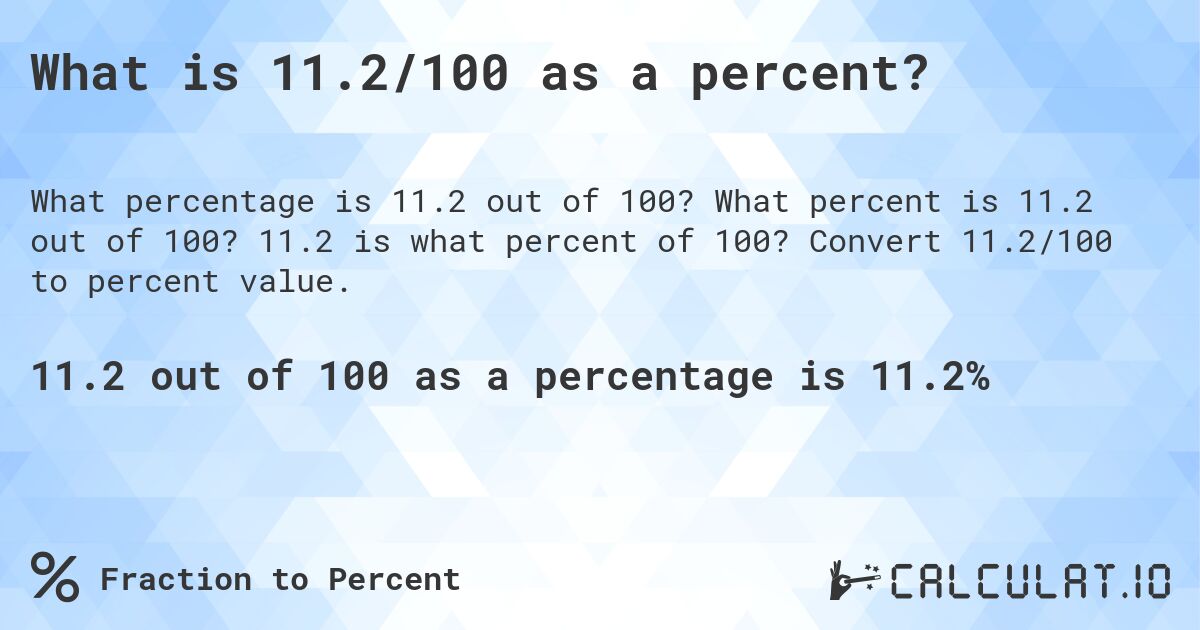What is 11.2/100 as a percent?. What percent is 11.2 out of 100? 11.2 is what percent of 100? Convert 11.2/100 to percent value.