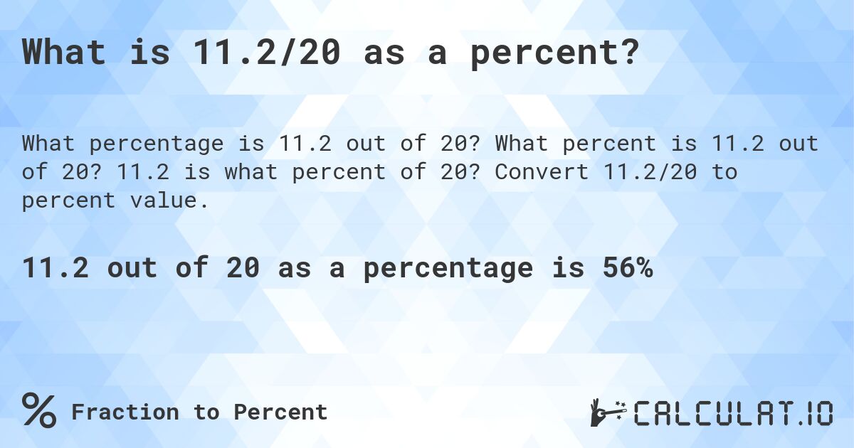 What is 11.2/20 as a percent?. What percent is 11.2 out of 20? 11.2 is what percent of 20? Convert 11.2/20 to percent value.