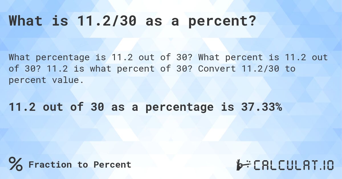 What is 11.2/30 as a percent?. What percent is 11.2 out of 30? 11.2 is what percent of 30? Convert 11.2/30 to percent value.