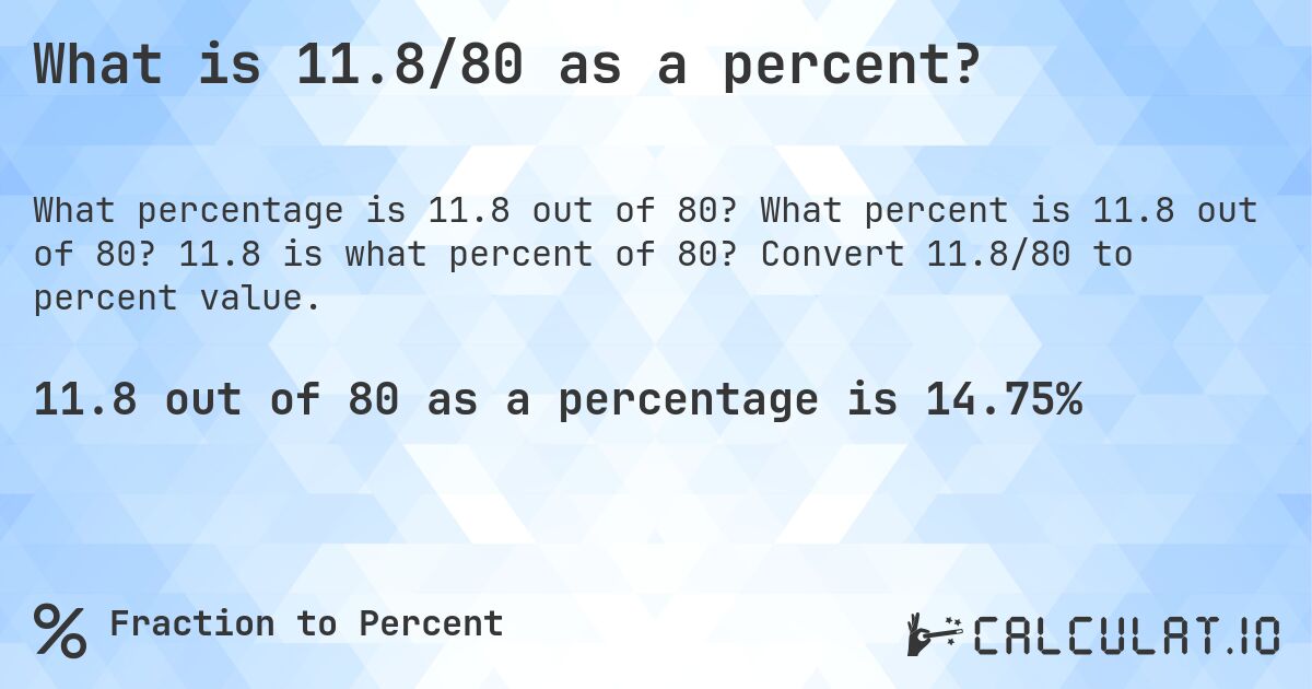 What is 11.8/80 as a percent?. What percent is 11.8 out of 80? 11.8 is what percent of 80? Convert 11.8/80 to percent value.