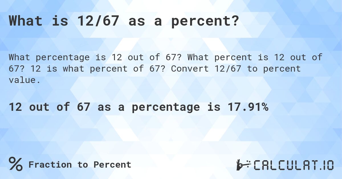 What is 12/67 as a percent?. What percent is 12 out of 67? 12 is what percent of 67? Convert 12/67 to percent value.