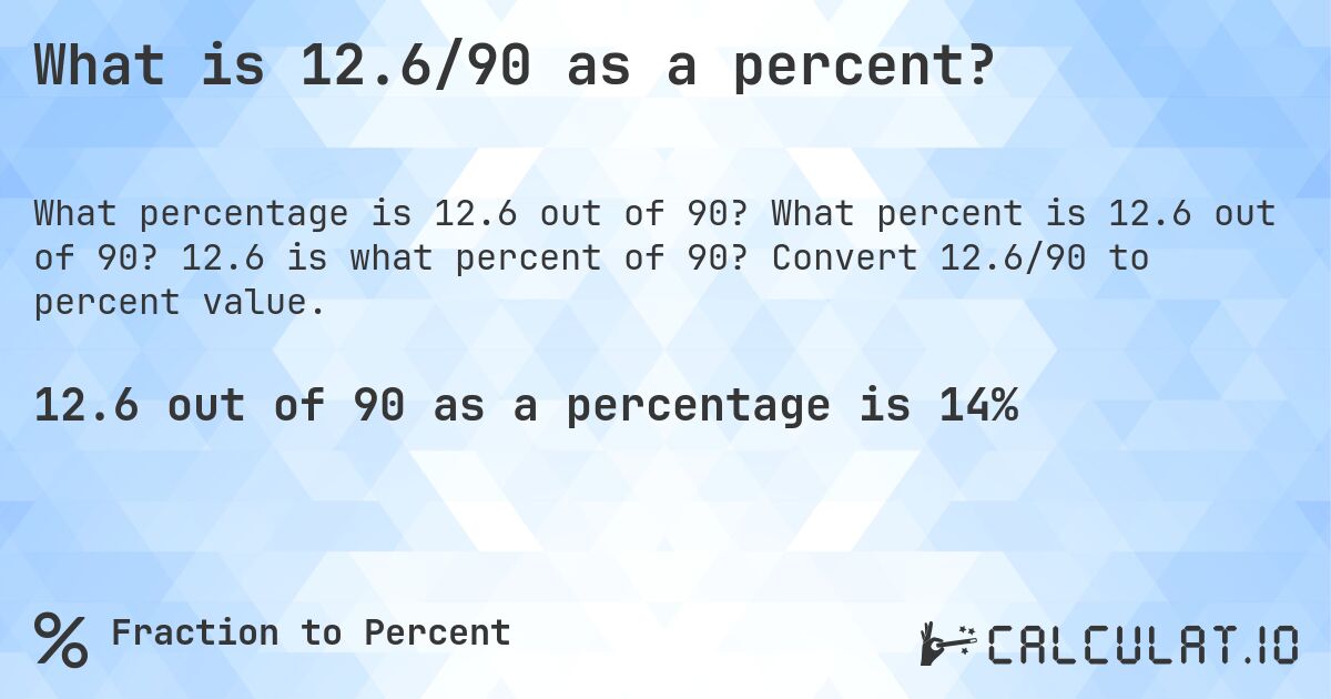 What is 12.6/90 as a percent?. What percent is 12.6 out of 90? 12.6 is what percent of 90? Convert 12.6/90 to percent value.
