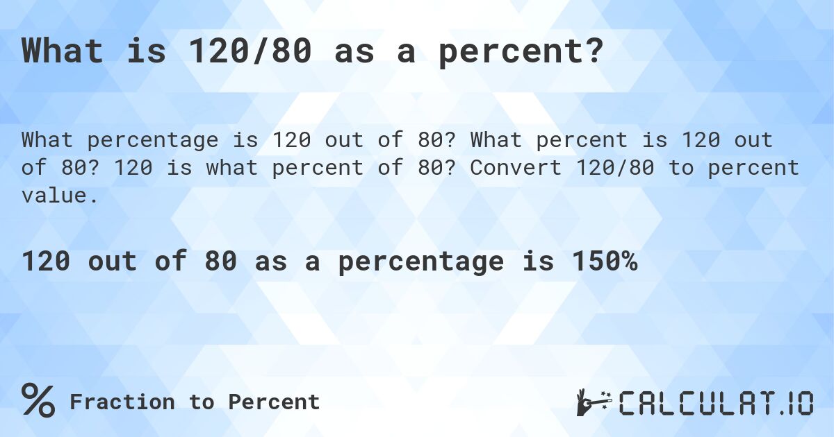 What is 120/80 as a percent?. What percent is 120 out of 80? 120 is what percent of 80? Convert 120/80 to percent value.