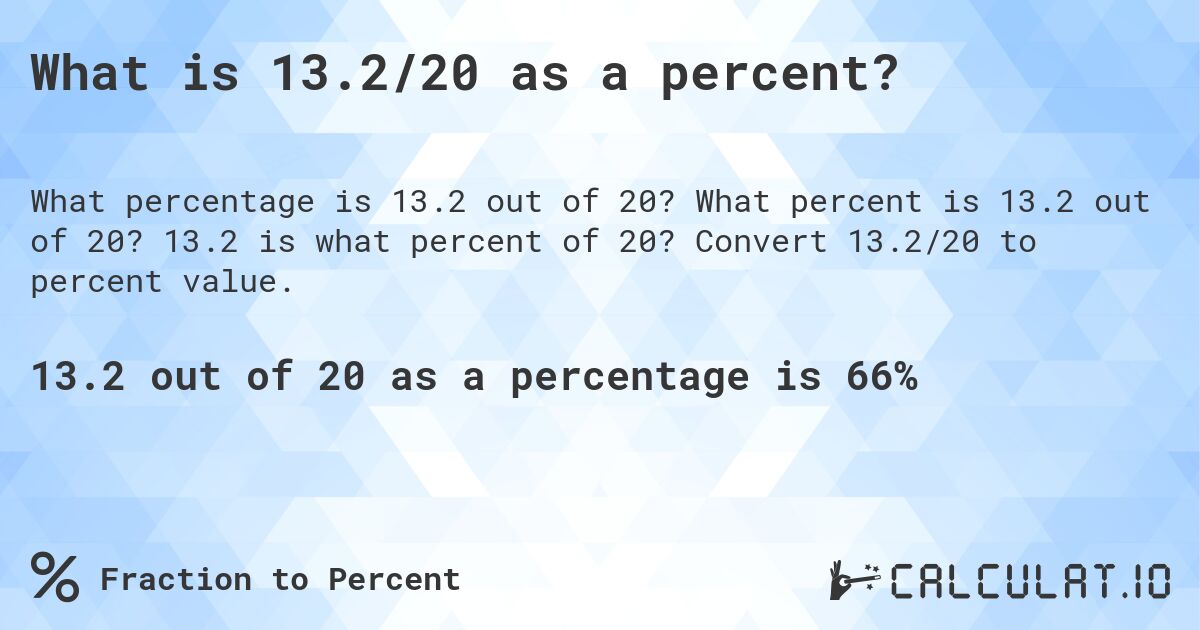 What is 13.2/20 as a percent?. What percent is 13.2 out of 20? 13.2 is what percent of 20? Convert 13.2/20 to percent value.