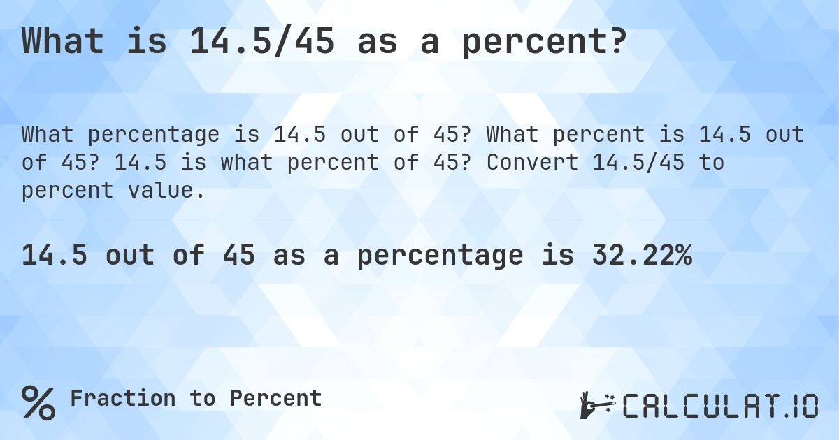 What is 14.5/45 as a percent?. What percent is 14.5 out of 45? 14.5 is what percent of 45? Convert 14.5/45 to percent value.