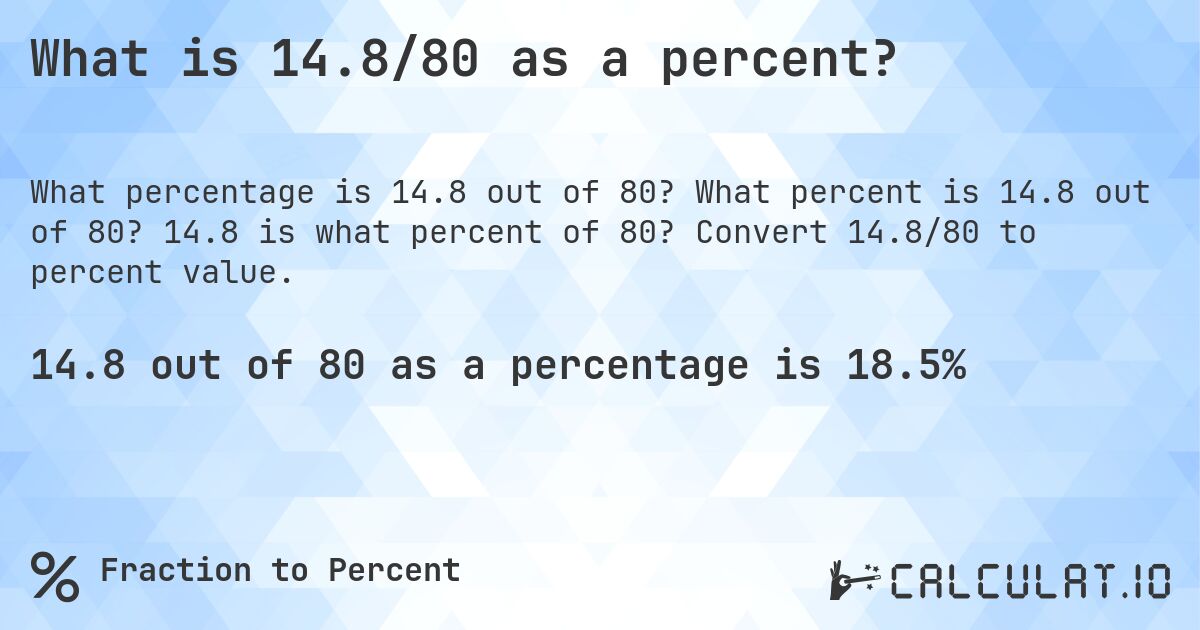 What is 14.8/80 as a percent?. What percent is 14.8 out of 80? 14.8 is what percent of 80? Convert 14.8/80 to percent value.