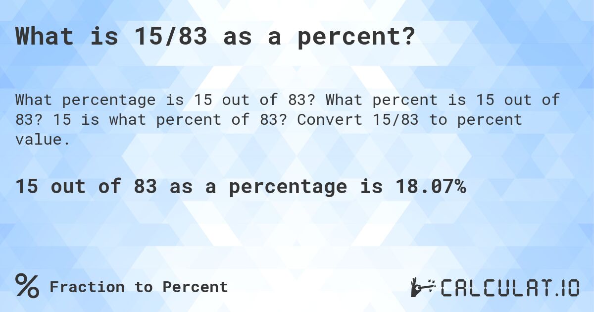 What is 15/83 as a percent?. What percent is 15 out of 83? 15 is what percent of 83? Convert 15/83 to percent value.
